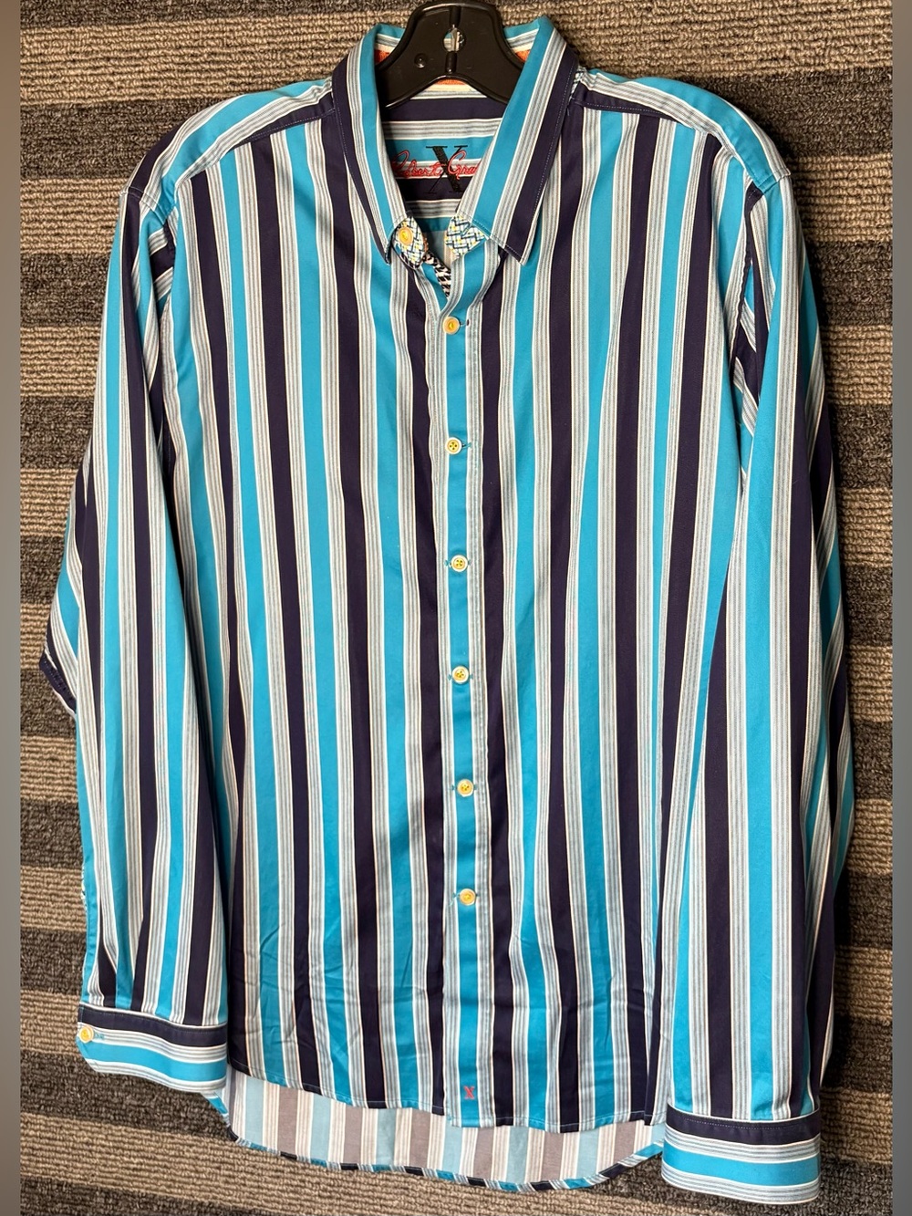 Robert Graham X Blue & Turquoise Vertical Stripe Button-Up Shirt Men’s XL EUC